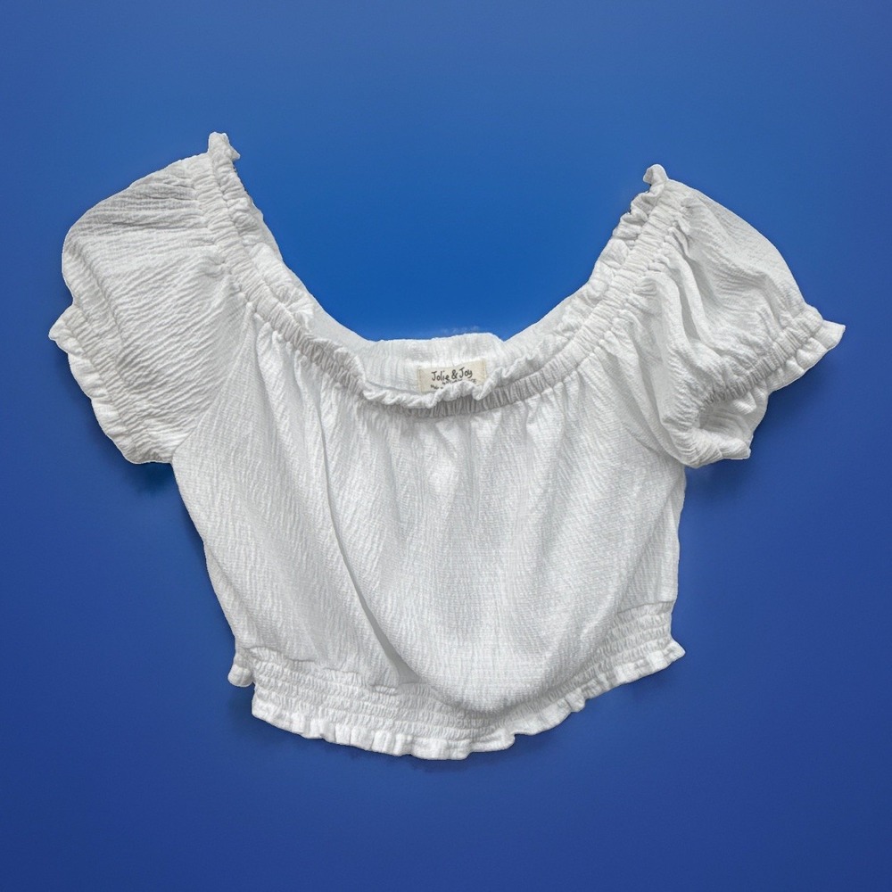Girls Jolie & Joy White Smocked Ruffle Scoop Neck Puff Sleeve Cropped Blouse XL